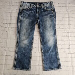 Silver Jeans SUKI Mid Capri Size 29x22-1/2 Embroidered‎ Thick Stitch Low Rise